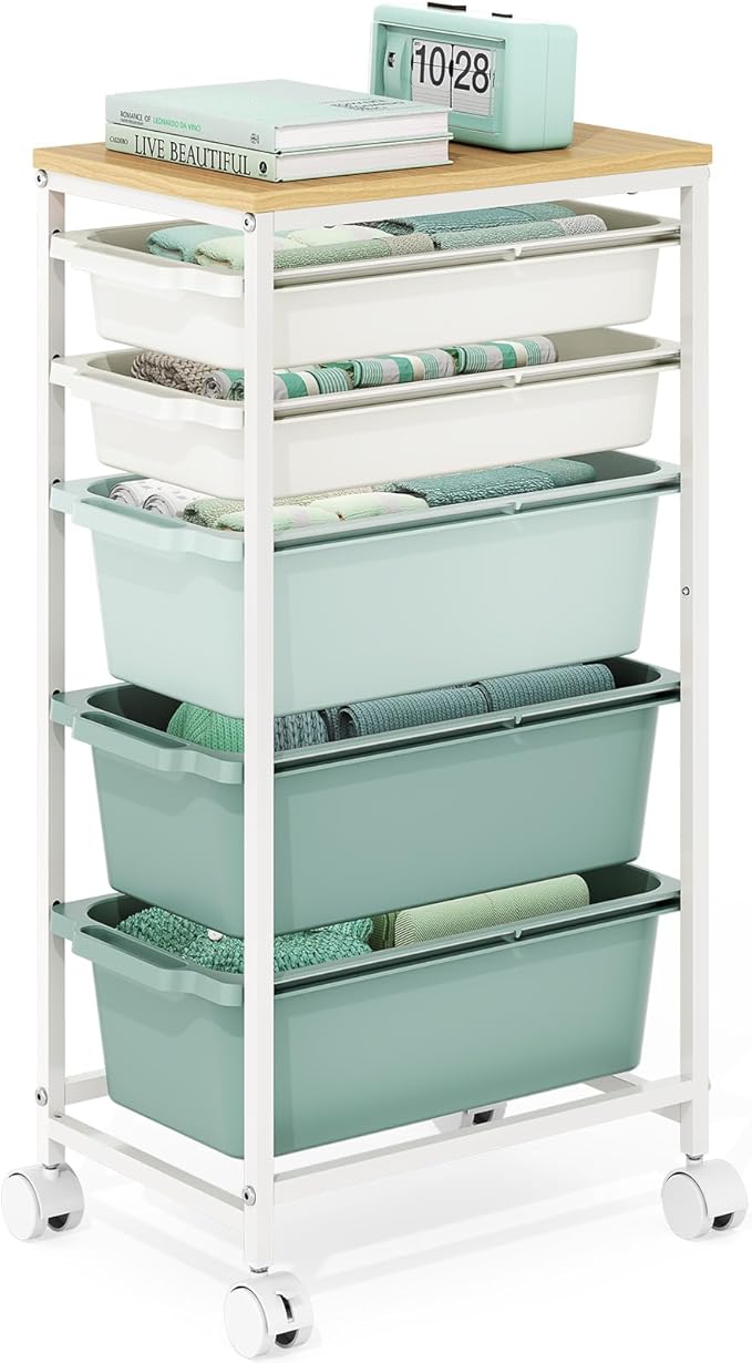 Rolling Storage Cart with 5 Drawers, Craft Organizer, Wooden Tabletop Utility Cart for Bedroom, Children's Room and Office Organization, Table Side Trolley with Lockable Wheels, Green