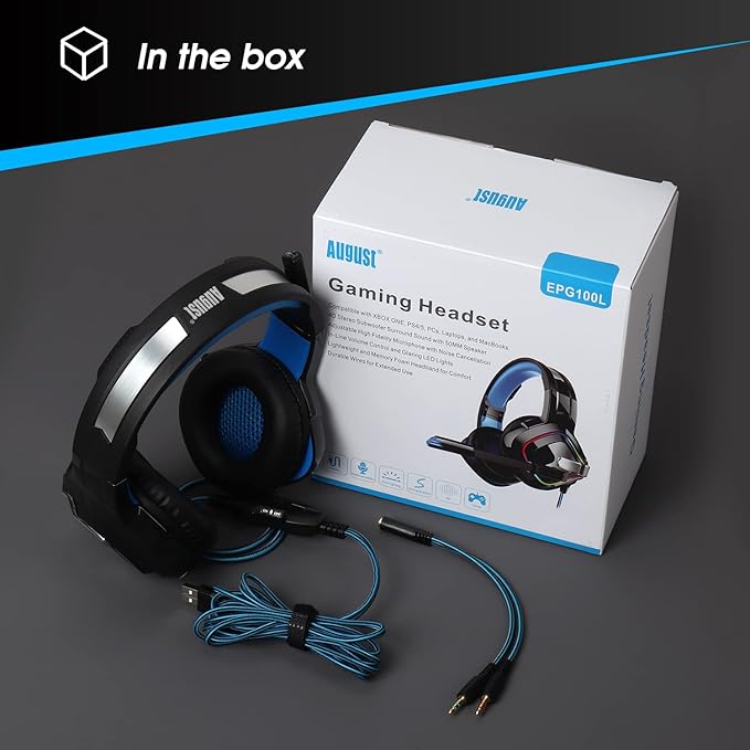 August Gaming Headphones for PC PS4 Xbox Switch Wired USB Double Jack EPG100L - Gaming Headset with RGB-LED Light Noise Reduction Microphone 50mm Driver Flip Mute 4D Surround Sound 3.5mm Cable