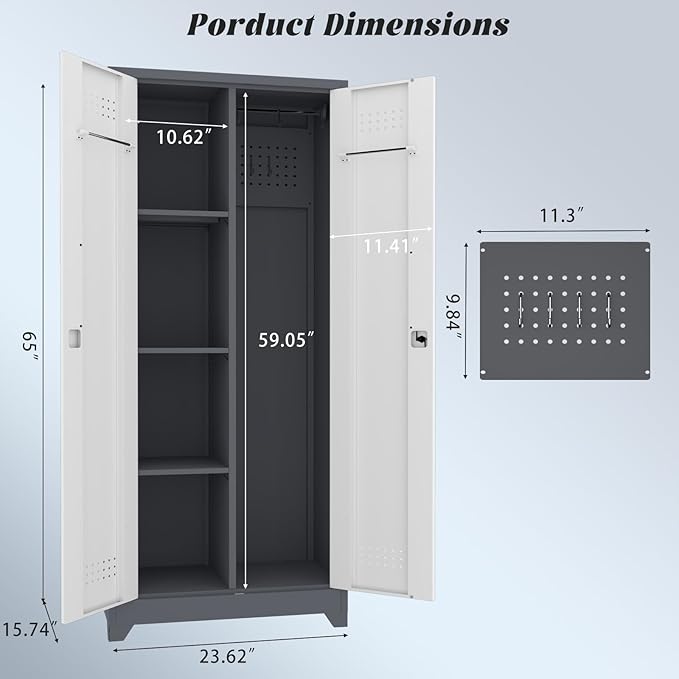 IRONFFICE Metal Storage Cabinet with Lock,65" H Laundry Room Cabinets with Pegboard,Locking Metal Cabinet Heavy Duty for Garage Office,School,Warehouse,Grey-White