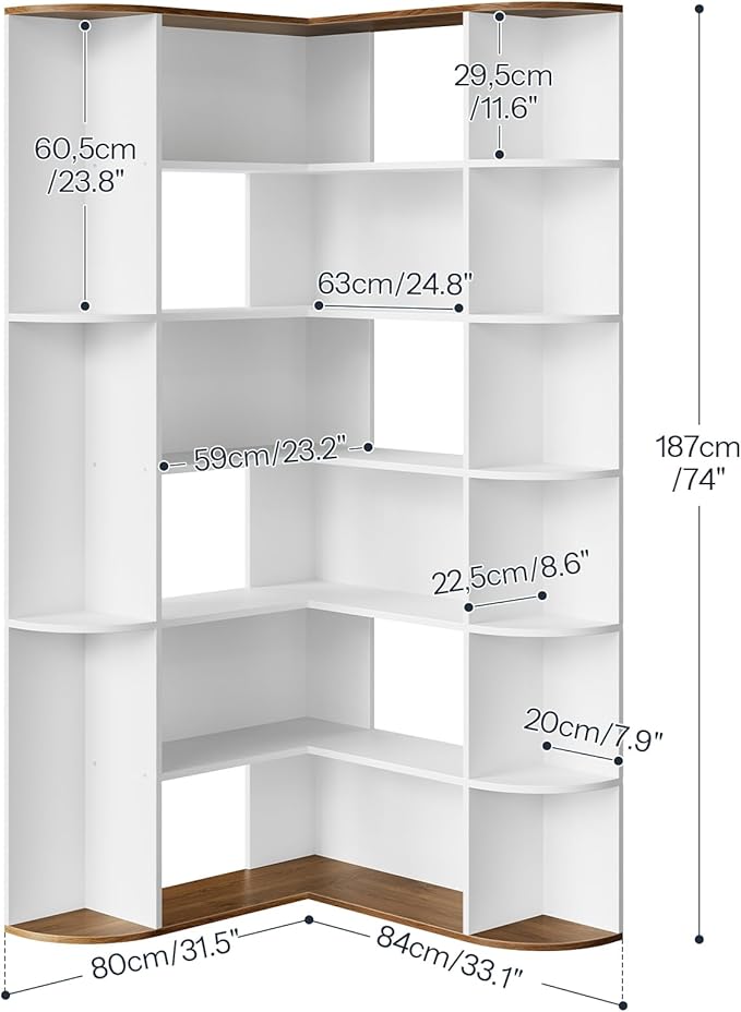HOOBRO 74" Tall Corner Bookshelf, 6-Tier Bookcase with Open Storage, L-Shaped Modern Bookshelf with Display Shelf, Wooden Storage Shelves for Home Office, Living Room, White WH80SJ01