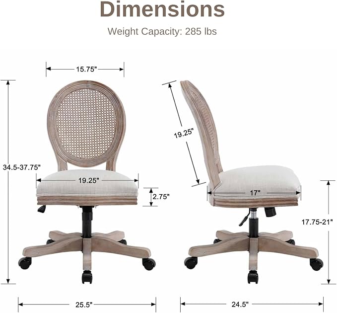 HEAH-YO Home Office Chair, Vintage Linen Fabric Armless Desk Chair with Rattan Backrest and Wheels, Swivel Vanity Chair for Bedroom, Beige