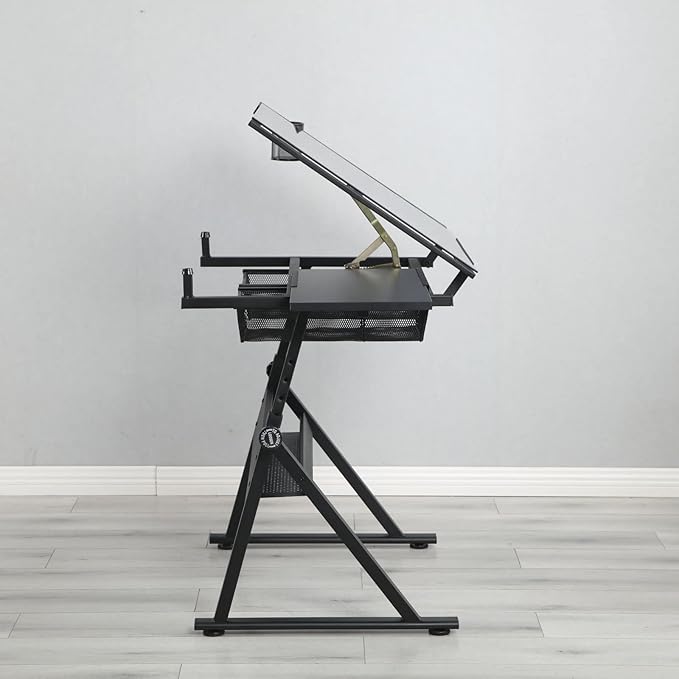 Drafting Table with Stool, Modern Black Adjustable Tempered Glass Printing Artwork Desk for Art Studio Home Office School