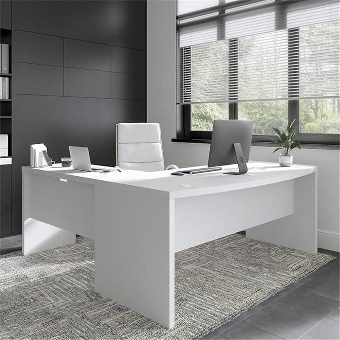 Pemberly Row Set of 2 Bow Front L-Shaped Desk & 5-Shelf Bookcase in Pure White