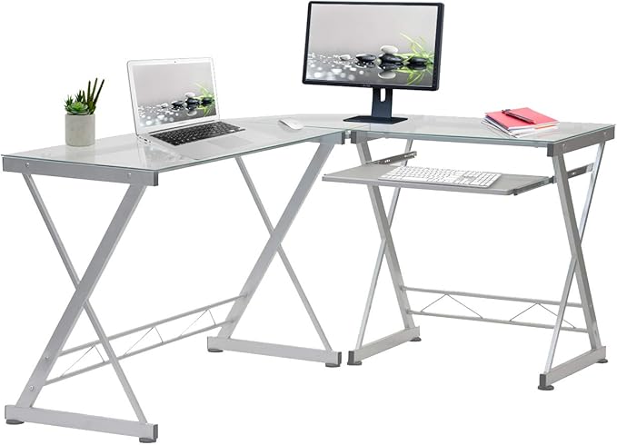 Techni Mobili L Shaped Desk with Keyboard Tray - Efficient Work from Home Desk - Glass L Shaped Desk - Professional Work Desk for Home Office - Versatile Glass Corner Desks for Home Office