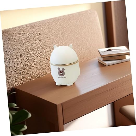 Uonlytech Cute Mini Desktop Trash Can with Lid Slim Plastic Waste Bin for Office Kitchen and Bathroom Cartoon Design White Color 5L Capacity