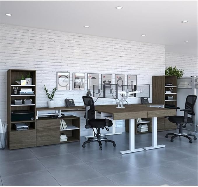 Pemberly Row 72" L-Shaped Standing Desk Set, Walnut Gray Finish, Adjustable Height, Dual Monitor Arms, Storage Shelves, Credenzas, Home Office Furniture Solution