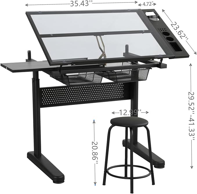 Adjustable Drafting Table with Hand-Crank Lift, 0-75° Tilting Tempered Glass Art Desk with Metal Drawers & Slide-Out MDF Side Table, Height Adjustable 29.5"-41.3" Drawing Desk with Storage & Stool