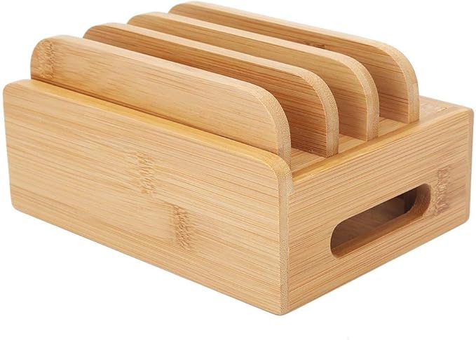 Oumefar Bamboo Multi-Device Stand Holder Charging Station Phone Tablet Charger Organizer 4 in 1 Charging Station for Multiple Devices for Meeting Rooms Restaurants Hotels and Homes