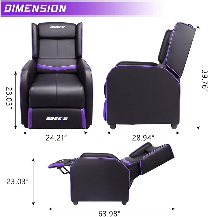 BOSSIN Gaming Recliner Chair for Adults 400lbs Racing Style Sofa Big and Tall PU Leather Recliner Seating, Modern Ergonomic Lounge Comfortable Home Movie Theater for Living Room(Purple)