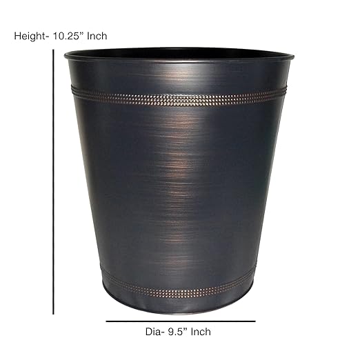 Small Round Metal Wastebasket- Beaded Recycle Trash Can 2.5 Gallon, Open top Garbage Container Bin for Bathrooms, Kitchen, Bedroom, Home Office - Durable Steel - Oil Rubbed Bronze Finish