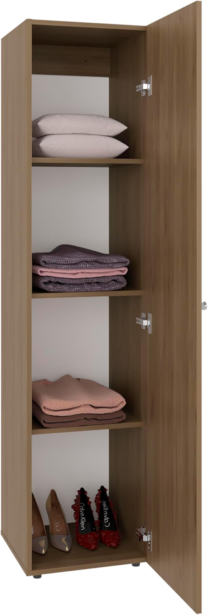 Saily Storage Cabinet with 4 Shelves and Mirror on Door, Modern Design, Natural Oak Mirror on Door: Includes a full-length mirror, making it convenient for quick outfit checks. Easy Access: Feature