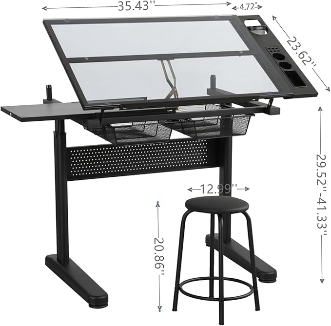 Adjustable Height Drafting Table with Storage Drawers & Stool for Adults, Glass Art Desk with Side Storage Strips, Drawing Table with Tilted Tabletop for Art Office Study (Black+Glass B)