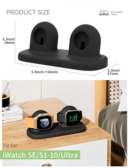 ELETIUO Dual Charger Stand Compatible with Apple Watch Series 49/46/45/44/42/41/40/38mm iWatch Ultra2/Ultra/10/9/8/SE2/7/6/SE/5/4/3/2/1,Silicone Dock Organizer Supports Night Stand Mode,Black