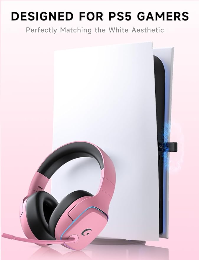 Gvyugke 2.4GHz Wireless Gaming Headsets for PS5, PS4, PC, Switch - Bluetooth 5.3 Gaming Headphones with Noise Canceling Mic, 7.1 Surround Sound, 70H Battery, Blue Lighting - Blush Pink