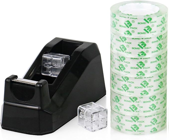BOMEI PACK Tape Dispensers Desk, 1 Pack Black with 6Rolls Transparent Tape Refills, 1 Inch Core, for Gift Wrapping, School, Office and Home