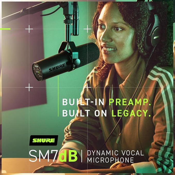 Shure SM7dB Dynamic Vocal Microphone with Built-in Preamp – Studio Mic for Streaming, Podcasting, and Recording – Smooth Sound, Wide Frequency Range, Rugged Build, Windscreen Included, XLR, Black