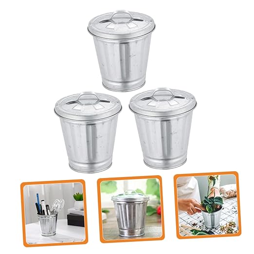 Toyvian 3pcs Mini Can for Desktop Material Slim Bathroom Trash Can Lid Adorable Waste Bin Flowerpot