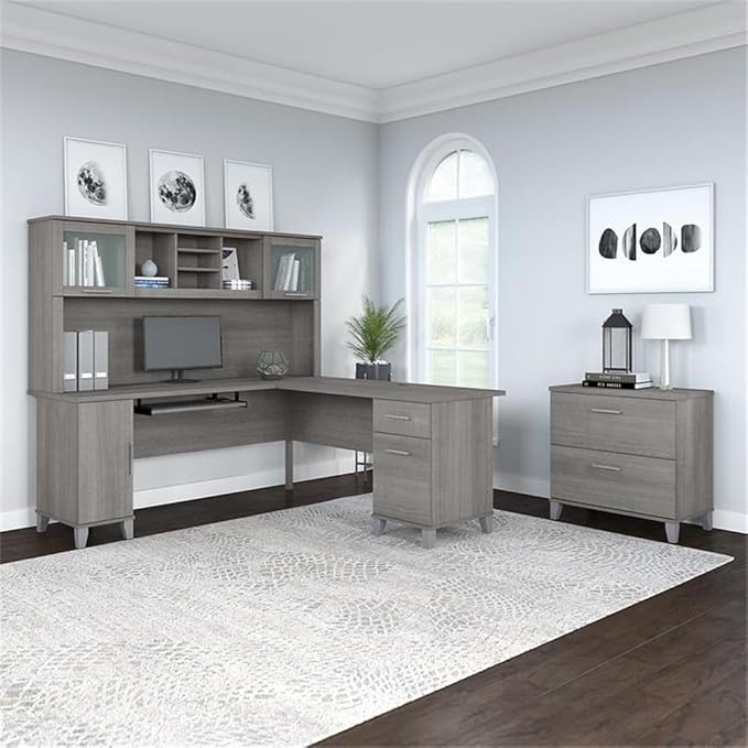 Pemberly Row Engineered Wood L Shaped Desk with Hutch & File Cabinet, 72W, Gray Finish, Frosted Glass Doors, Keyboard Tray, Multiple Storage Spaces, Home Office Furniture Set for Productivity