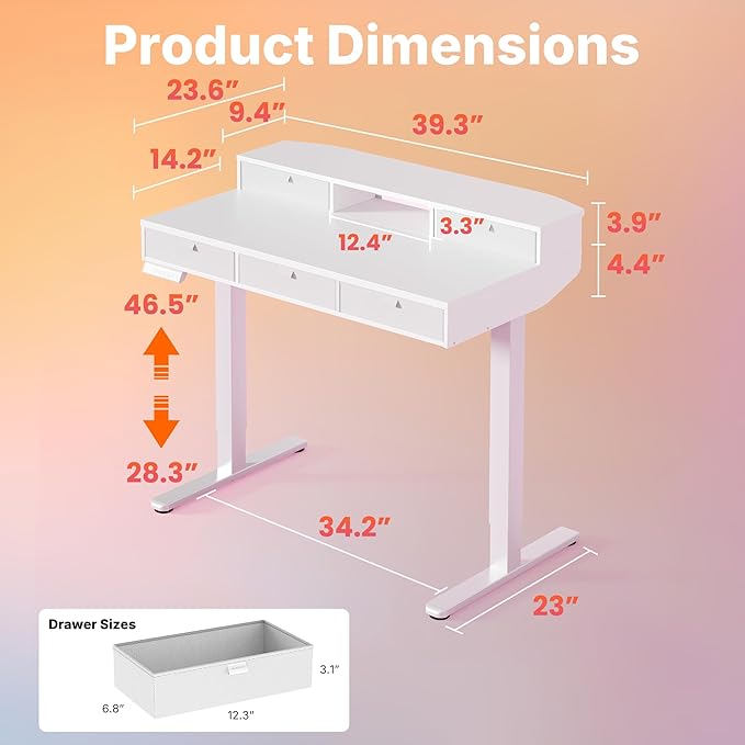 HUANUO 40 x 24 inch Electric Standing Desk with 4 Drawers, Adjustable Height Sit Stand Home Office Desk, C-Clamp Mount Compatible, Ergonomic Stand up Desk with 4 Preset Heights, White