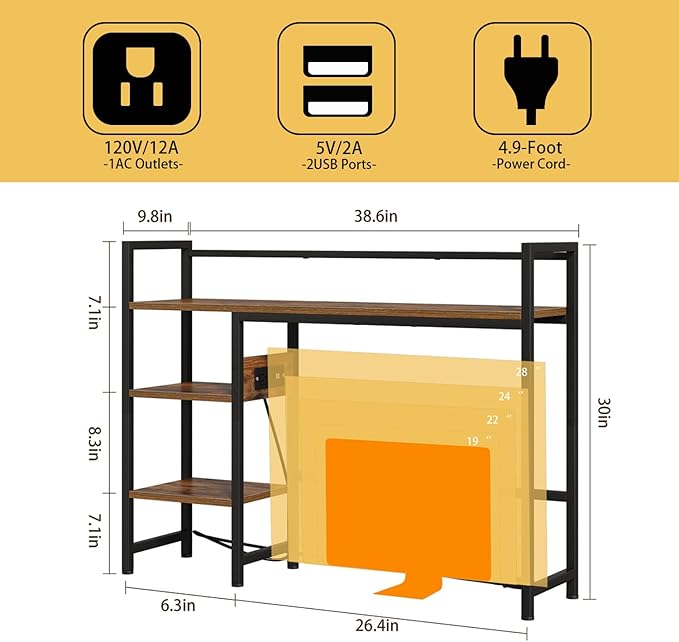 Book Shelf with 3 Tier Open Shelf, Bookcase with Light Strip and Outlet, Bookshelf & Desk Shelfs for Computer Desks, Desk Hutch Bookshelfs for Home Office Adjustable Desktop Shelf Rustic Brown