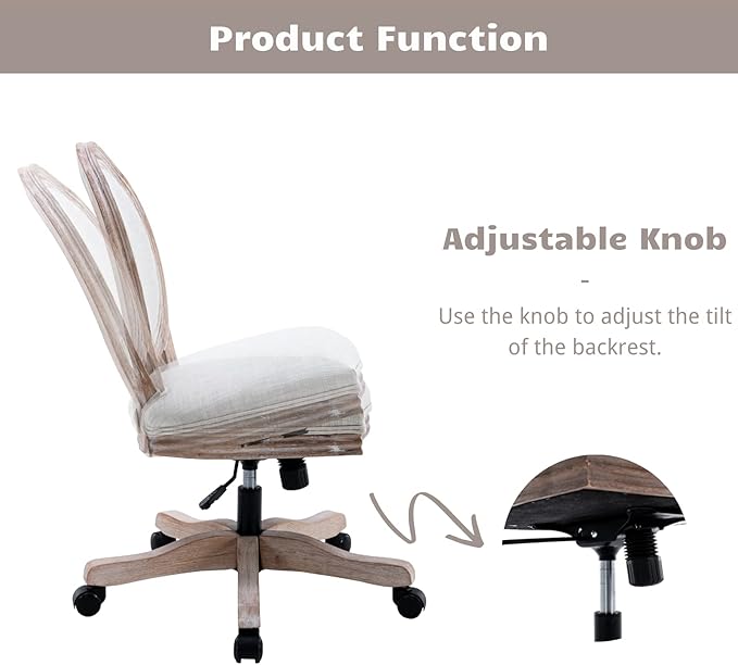 HEAH-YO Armless Home Office Chair, Vintage Linen Fabric Desk Chair with Wheels and Mid Back Support, Swivel Vanity Chair for Bedroom, Beige