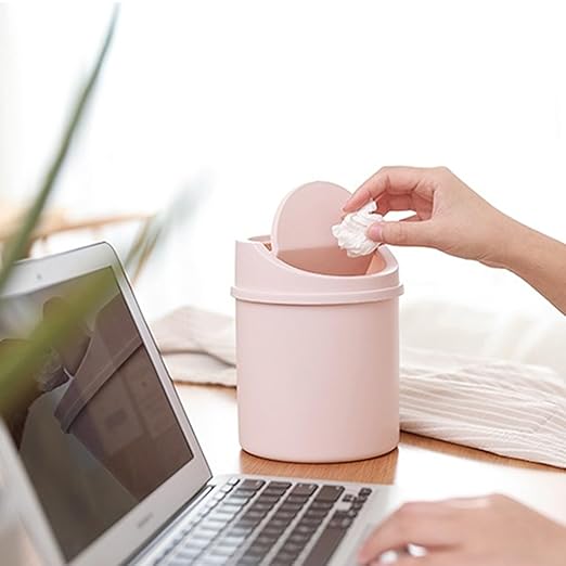 Mini Desktop Trash Can with Lid - 6.3'' Swing-Lid Plastic Garbage Bin for Desk, Countertop & Kitchen, Tiny Creative Waste Basket for Living Room & Office Organization (Pink)
