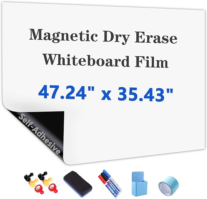 Self-Adhesive Dry Erase Whiteboard Sticker, 47.24" x 35.43" Magnetic Receptive White Board Wall Film, No Ghosting, Easy Write & Clean | Peel & Stick for Office, Home & Classroom,Incl. Accessories