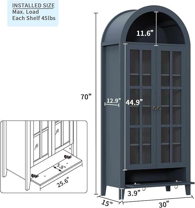 Tall Arched Cabinet, Modern Farmhouse Wooden Display Cabinet with Glass Doors, 70" 6 Tier Bookshelf w/Adjustable Shelves for Living Room, Office, Blue