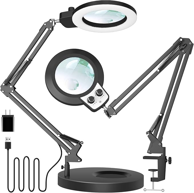 KIRKAS 12X Magnifying Glass with Light and Stand, Any Color Modes & Stepless Brightness LED Magnifying Lamp with Clamp, 2-in-1 Magnifier Glass Lens Desk Lamp for Reading(12X&30X Ring Base & Clamp)