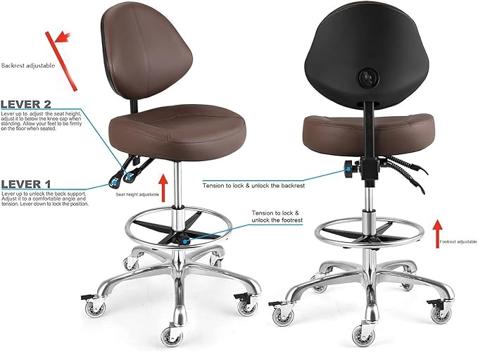 Rolling Drafting Chair with Back Support - Tall Office Chair for Standing Desk Adjustable Foot Ring Swivel Rolling Stools for Workshop Art Studio Salon Shop Counter Home Office (Brown)