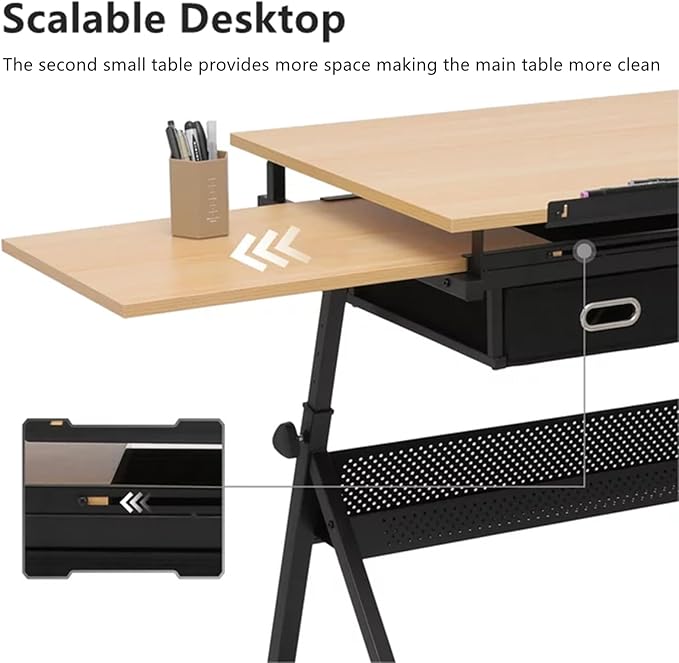 Drafting Table, Height Adjustable Drawing Table Art Table with Stool, 0-75° Tilted Tabletop Artist Desk Painting Table with Storage for Home Office School, Type 4-Brown