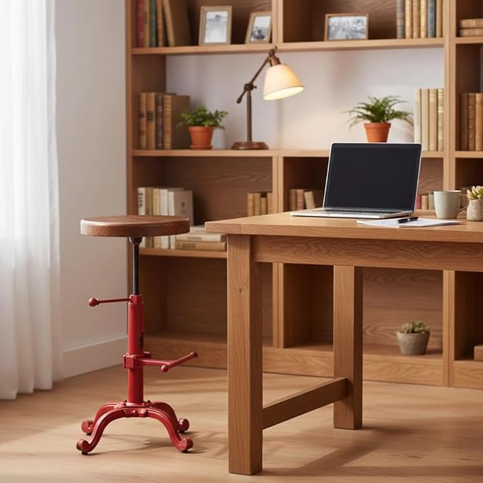 Topower Industrial Retro Vintage Farm Wooden Tractor Stool Kitchen Swivel Height Adjustable Bar Stool (Antique Red)