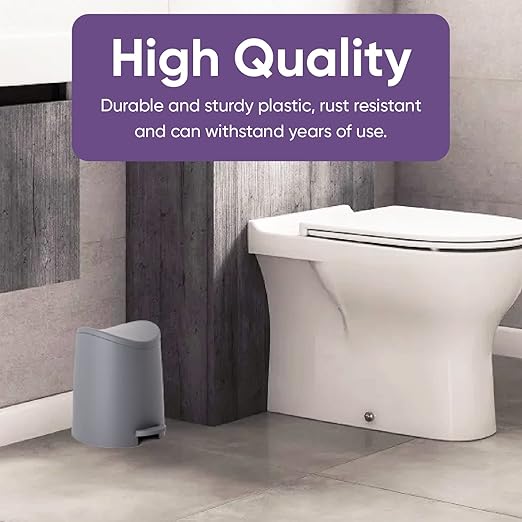 Superio Mini Plastic Bathroom Trash Can with Lid 3 Liter Grey Modern Curved Step On Trash Can with Foot Pedal, Mini Kitchen Waste Bin, Durable and Soft Close for Bedroom, Office, Under Desk