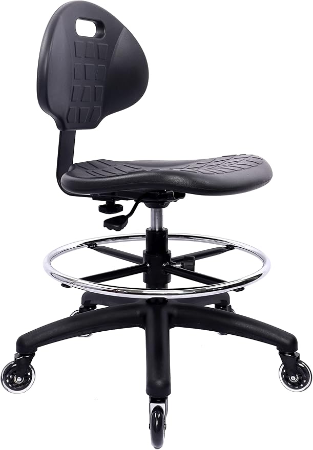 Chair Master Drafting Stool - Easy to Clean! Ergonomic Polyurethane Chair. Seat Height Adjustable w/Heavy Duty Footring for Home, Automotive, Lab, Cleanroom (Soft Roller Blade Casters, Medium Stool)