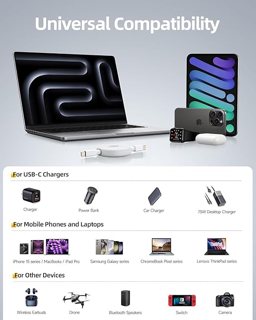 240W USB C to USB C Cable(Purple), Retractable USB c Cable Fast Charger, Short Type-C Charging Cord for iPhone 17/17 Air/16 Pro Max/15 Plus/Samsung Galaxy Z Flip 6 5 4/Google 10 Travelling Essentials