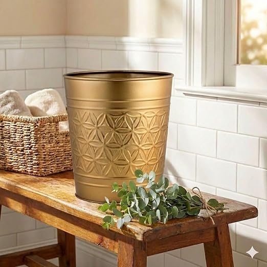 Autumn Alley Antique Gold Trash Can, Hand Crafted Bin, Round Bathroom Trash Can, Open-Top Gold Garbage Can for Bedroom, Home, Office - Modern Waste Basket, Stylish Metal Modern, Bathroom Décor