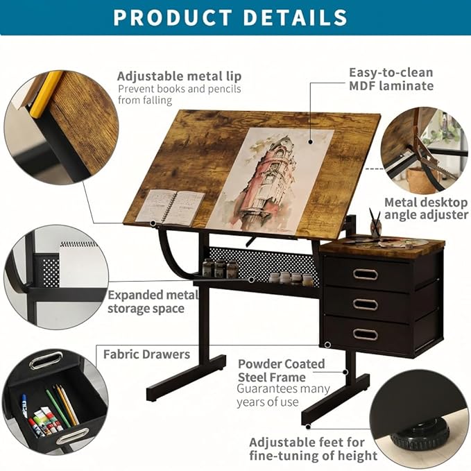 Drafting Table with Storage, Adjustable Art Desk & Art Table with Stool, 0-75° Tilting Top, 3 Drawers for Diamond Painting, Architecture, Animation, Office (Adults & Teens) (Rustic Brown)