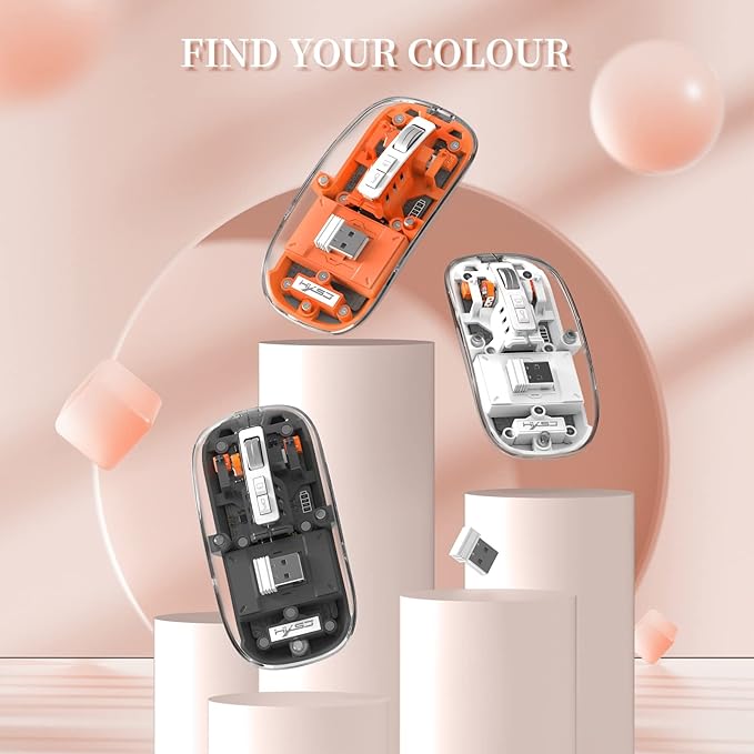 A.JAZZ Wireless Bluetooth5.1&2.4G Mini Lightweight Mouse,Transparent Clear Cool,Rechargeable Silent Computer Mice,Nano USB C Receiver,LED Battery Magic Silm For Office/PC/Mac/Laptop/Apple/ipad(Orange)