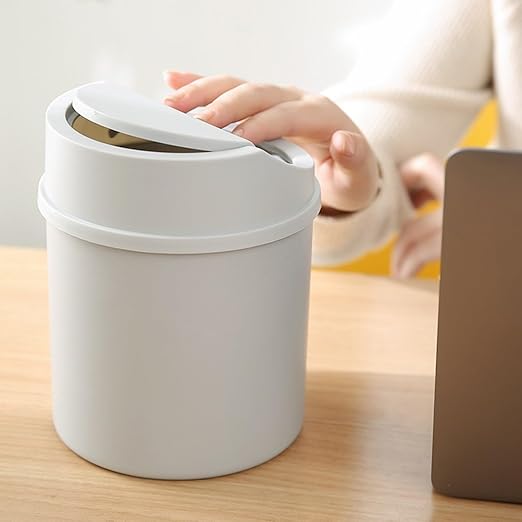 Mini Desktop Trash Can with Lid - 6.3'' Swing-Lid Plastic Garbage Bin for Desk, Countertop & Kitchen, Tiny Creative Waste Basket for Living Room & Office Organization (Grey)