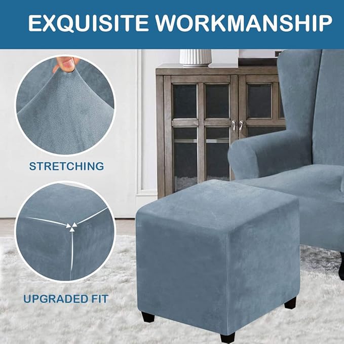 Ottoman Cover Square Velvet Ottoman Covers Protector for Footrest Foot Stool Furniture Stretch Comfortable with Elastic Bottom Medium Stone Blue