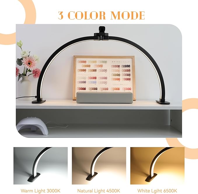 Kadden Foldable Large Half Moon LED Light for Table Nail Desk with Phone Stand, Upgrade Arch Light for Nail Techs with Wire Controller for Manicure Tattoo Beauty (Black, Large)