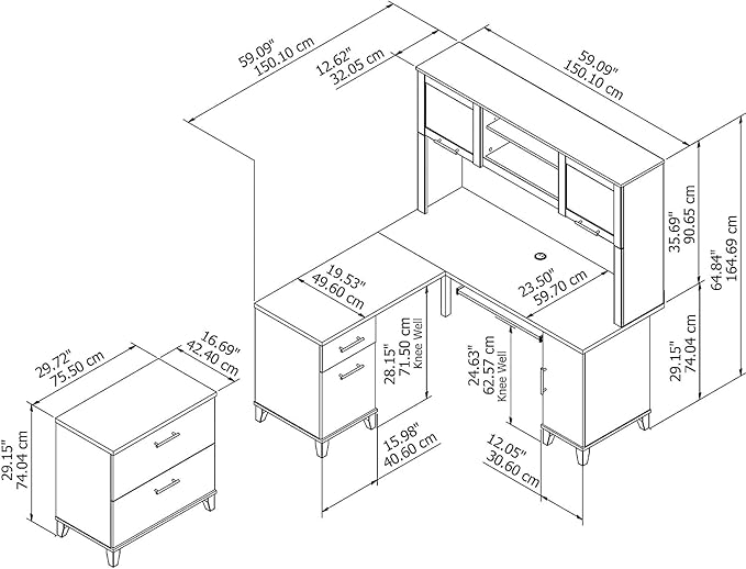 Bush Furniture Somerset 60W L Shaped Desk with Hutch and Lateral File Cabinet in Maple Cross