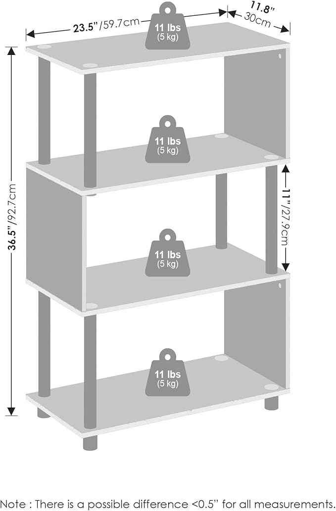 Furinno Reed Book Shelf, 4-Tier Bookshelf with Open Shelf, Geometric Bookcase with S-Shaped Frame, 11.8 x 23.6 x 36.5, for Living Room, Bedroom, Home Office, Espresso