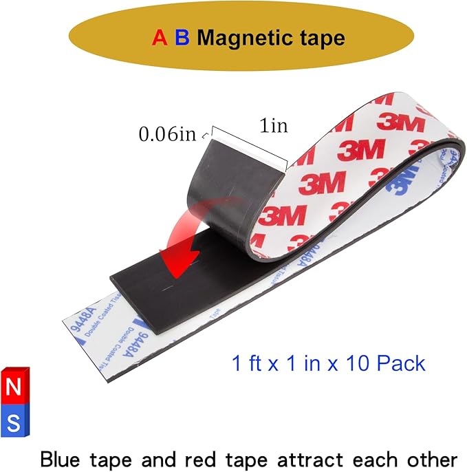 10 Pack Magnetic Tape with Adhesive Backing, 12"L x 1"W Flexible Magnet Strips for DIY Crafting