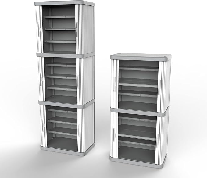 Terry, Rolling Space Cab 2, Indoor and Outdoor 2-Compartment Cabinet with Two Sliding Doors, 2 Adjustable Internal Shelves, Grey, in Recycled Plastic, Dimensions: 59x36x115 cm