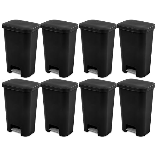 Sterilite 11.9 Gallon Rectangular Step On Kitchen Plastic Indoor Wastebasket with Wide Opening Lid and Comfort Handle for Home, Black (8 Pack)