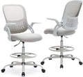 Sweetcrispy Tall Drafting Office Desk Chair - Ergonomic High Stool Computer Chair with Adjustable Height and Comfy Lumbar Support, Rolling Counter Height Chairwith Flip-up Arm and Footrest, Grey