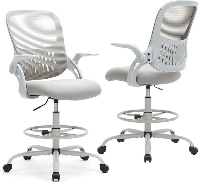 DUMOS Drafting Chair for Standing Desk, Counter Height Adjustable, Flip-up Arms, Ergonomic Mid Back Mesh Rolling Work Swivel Office Computer Chairs with Wheels, Grey