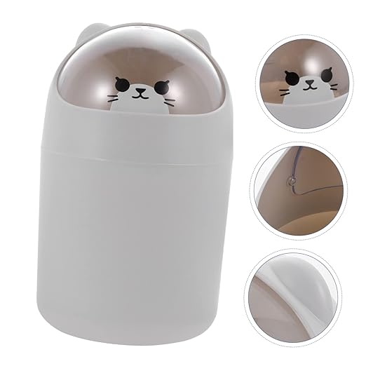 Vaguelly Cute Bear Desktop Trash Can Lid Mini Plastic Waste Bin for Office and Home Slim Cartoon Garbage Can for Bedroom and Desk