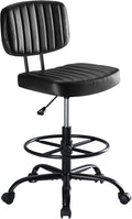 DUMOS Armless Drafting Chair, Low Back Office Seat with Adjustable Footrest Ring for Standing Desk, Ergonomic PU Leather Office Seating, Swivel Rolling High Stool for Studio, Lab, Counter, Black
